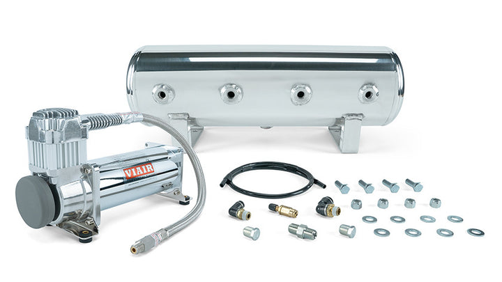 2.5 Gal. Polished Tank w/ Viair 444c chrome compressor, 1/4" & 3/8" fittings & tank mounting hardware - 27801