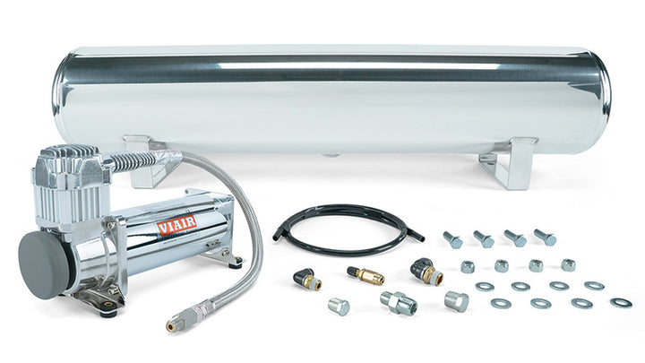 4 Gal. Polished Tank w/ Viair 444c chrome compressor, 1/4" & 3/8" fittings & tank mounting hardware - 27802